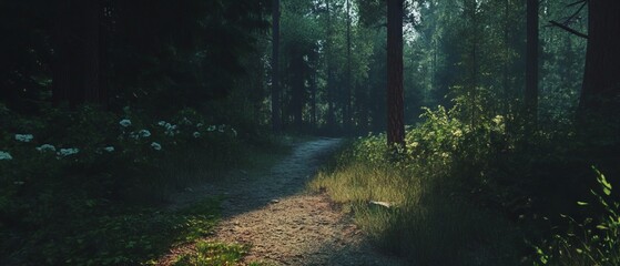 Fototapeta premium Sunlight filters through trees along a tranquil forest path inviting peaceful exploration