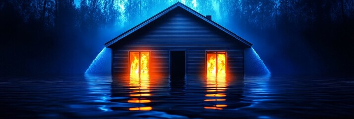 Fototapeta premium House Flooded at Night - A small wooden house is partially submerged in dark blue water at night, with flames visible inside the windows.