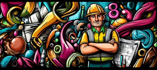 Confident construction worker amidst colorful doodle background.