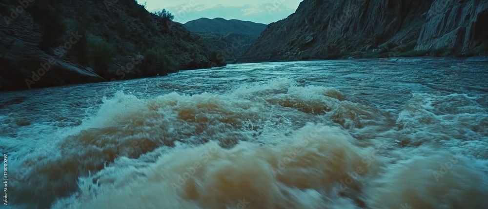 Poster swift river current flows through rocky terrain under a cloudy sky during early evening
