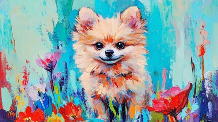 Happy Pomeranian puppy in vibrant floral field, painted artwork. (1)