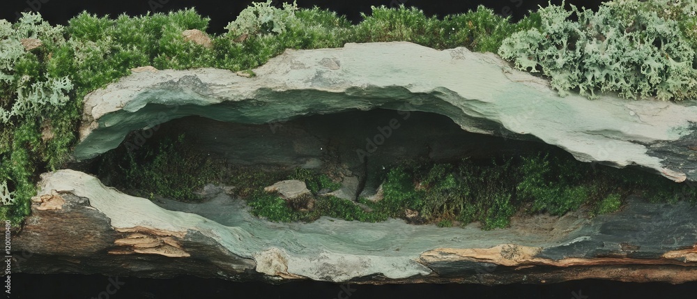 Poster detailed view of rough bark displaying textured surfaces and mossy growth in a natural setting