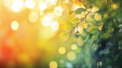 Obraz premium Sunlit Leaves with Dew Drops