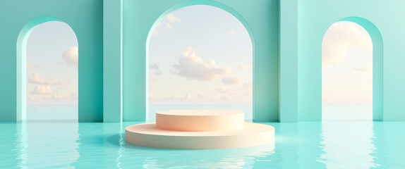 two-tiered cylindrical platform in a turquoise pool with arched openings and a seascape view