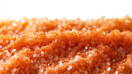 A close-up of a textured heap of red paprika powder, showcasing fine granules, isolated against white 