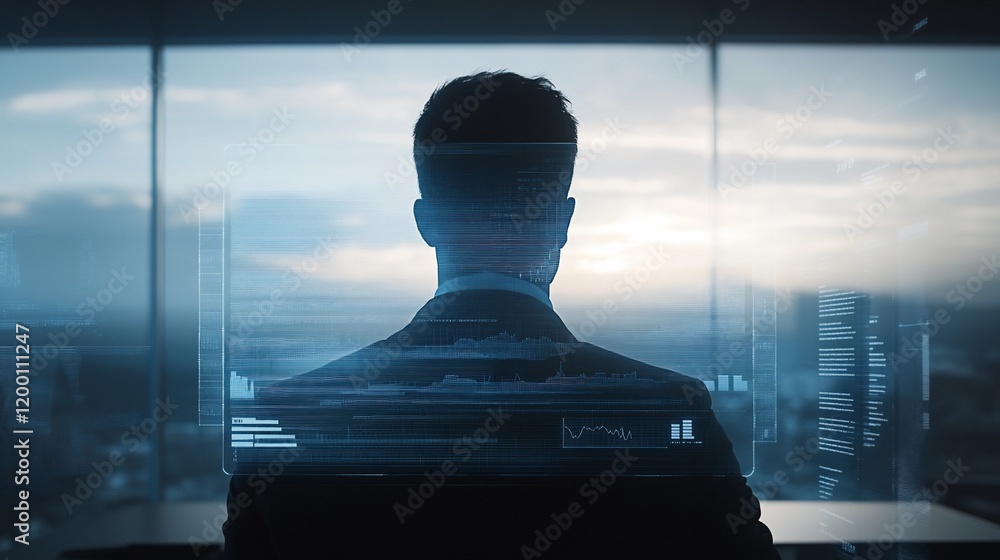 Poster silhouette of a businessman working on a computer with futuristic data overlay, overlooking a citysc