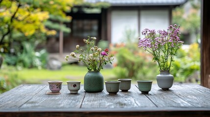 Teacups, vases, flowers on rustic wooden table, garden background.