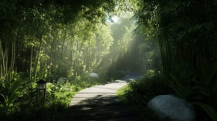 Naklejka premium Sunlit path winding through a lush bamboo forest.
