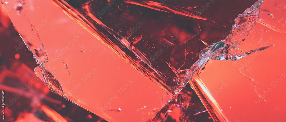Poster cracked ruby red glass showcasing intricate patterns and vibrant hues under bright light
