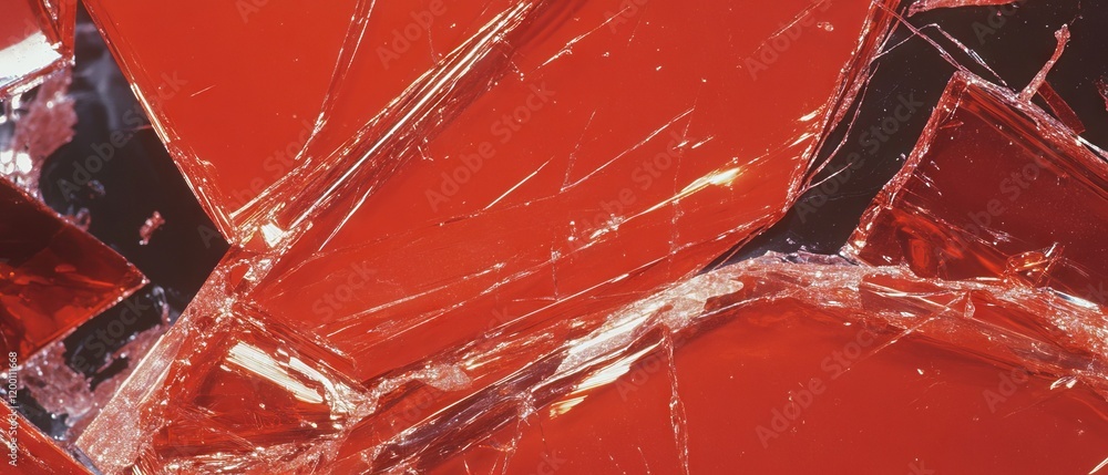 Poster intricate details of cracked ruby red glass with shimmering fragments under soft light