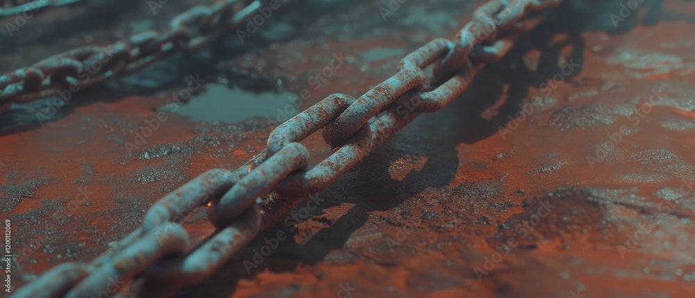 Poster rusty chains resting on a weathered surface with industrial textures and deep corrosion