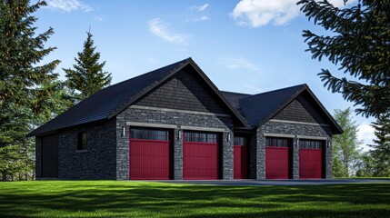 Obraz premium A bold 3-car garage with deep red steel doors, dark gray stone walls, and a black shingle roof