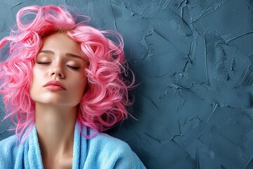 Stylish pink haired girl striking a pose against a vibrant urban wall backdrop in a chic setting