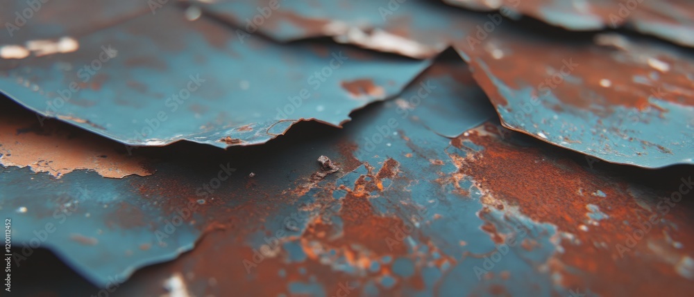 Poster Close-up view of rusty metal sheets with flaking paint and varying textures under natural light