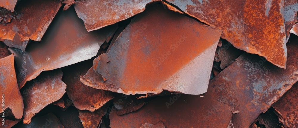 Poster rusty metal sheets layered with flaking rust and rough textures showcasing industrial decay