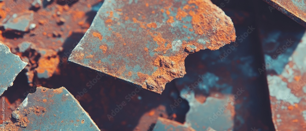 Poster rusty metal sheets showcase industrial decay with flaking rust and rough textures