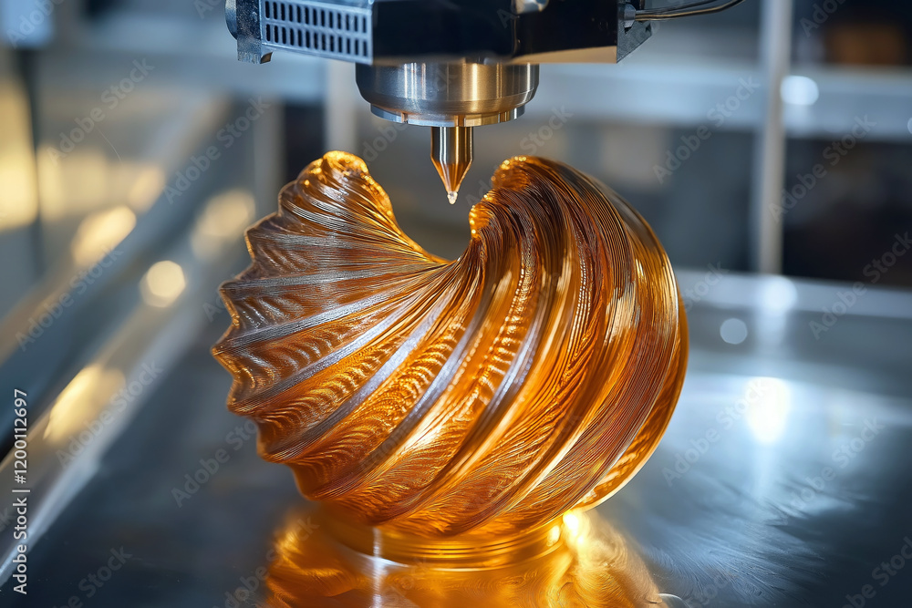 Poster top-down view of a 3d printer working on a spiral vase with a metallic finish.