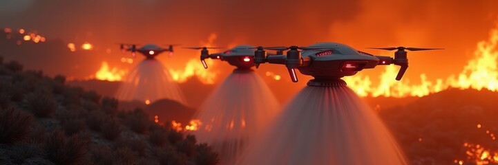 Drones equipped for firefighting tackle wildfires, showcasing innovative technology in emergency response and environmental protection.