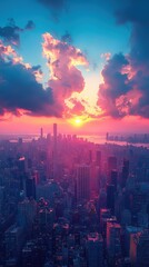 Fototapeta premium A vibrant cityscape bathed in the warm glow of a sunset. Pink and orange hues paint the sky as dusk settles over the towering buildings. Perfect for wallpapers or backgrounds.