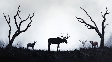 Silhouette of Elk and Lamb in Barren Landscape - A majestic elk and a small lamb stand silhouetted against a backdrop of dead trees, creating a dramatic scene of nature.