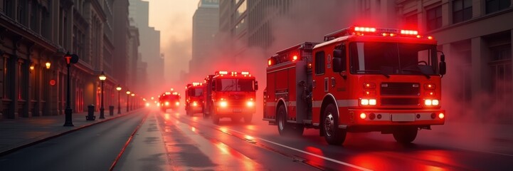 Fire trucks responding to an emergency in an urban setting, showcasing the urgency and bravery of firefighters in action.