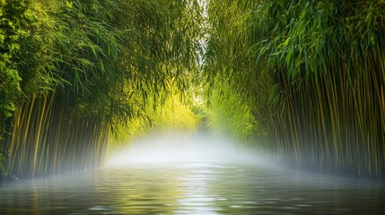 Misty morning path through dense bamboo forest with tranquil water.