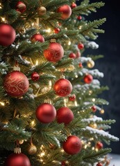 Snowy christmas tree branches with red and gold decorations, branches, decorations, gold