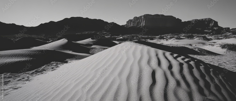 Poster exploring the textures and tones of fine sand dunes at dusk in a desert landscape