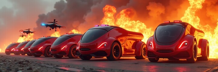 Futuristic red autonomous vehicles lined up against a fiery backdrop, showcasing advanced technology and firefighting capabilities in a dramatic, cinematic setting.