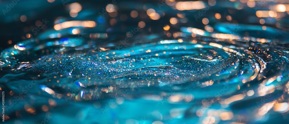 Poster swirling sapphire blue liquid with glitter creating mesmerizing patterns in a tranquil setting