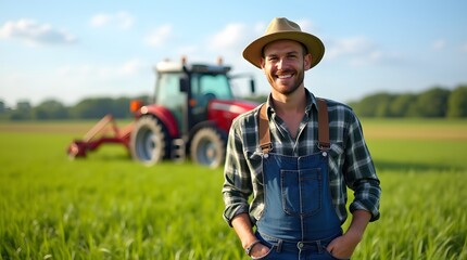 Traditional Farmer in Straw Hat and Plaid Shirt Holding Tool in Green Field