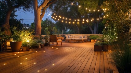 Illuminated backyard deck with string lights, seating, and potted plants at twilight.