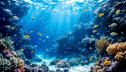 Fototapeta premium Underwater scene depicting colorful fish swimming among vibrant coral reefs in a sunlit ocean