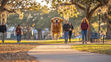 Fototapeta premium Happy golden retriever dog leaping joyfully towards camera in park, people walking in background.