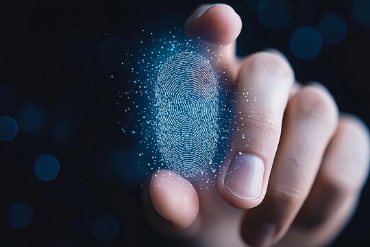 Businessman using fingerprint identification to access personal financial data. Idea for E-kyc electronic know your customer biometrics security, innovation technology against digital cyber crime - Powered by Adobe