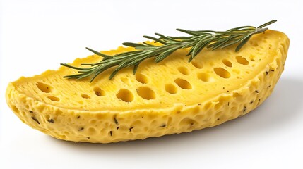 A wedge of pale yellow cheese with holes, garnished with a sprig of rosemary, isolated on a white background.