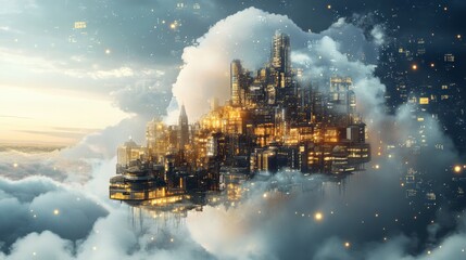 A conceptual representation of cloud computing as a city floating in the clouds, with data streams flowing between buildings, steampunk style