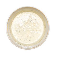 Sauce for shawarma, shish kebab.Garlic sauce with hops-suneli.Sauce in a cup on a white background.