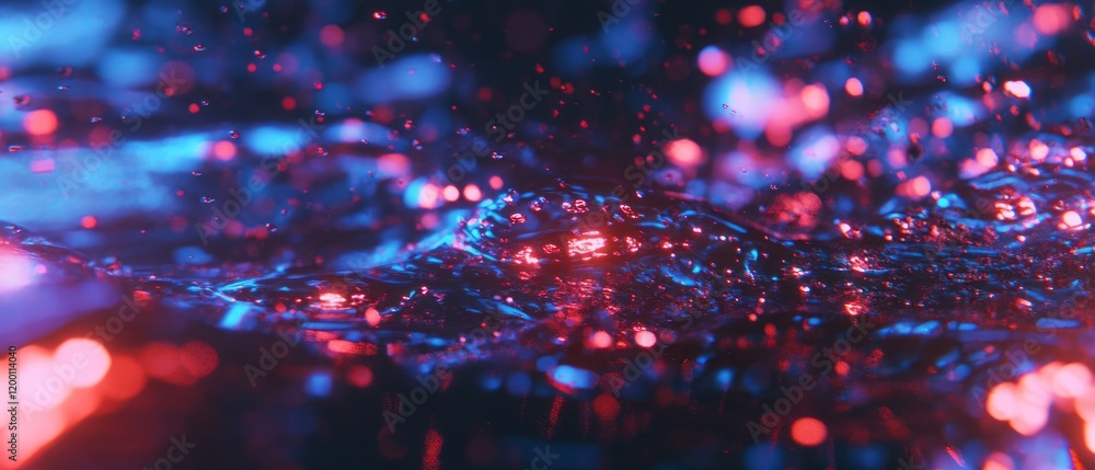 Poster serum droplets create mesmerizing reflections in vibrant hues during a close-up shot