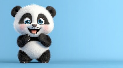 Fototapeta premium A cute and cheerful 3D cartoon panda standing on a vibrant blue background, showcasing an adorable expression with big blue eyes, perfect for playful and fun-themed designs. - AI Generated Digital Art