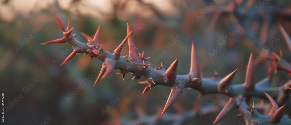 Poster sharp thorns with pointed tips exhibit diverse colors in a natural setting during sunset