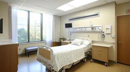 Bright Hospital Room with Bed, Medical Equipment, and Large Window