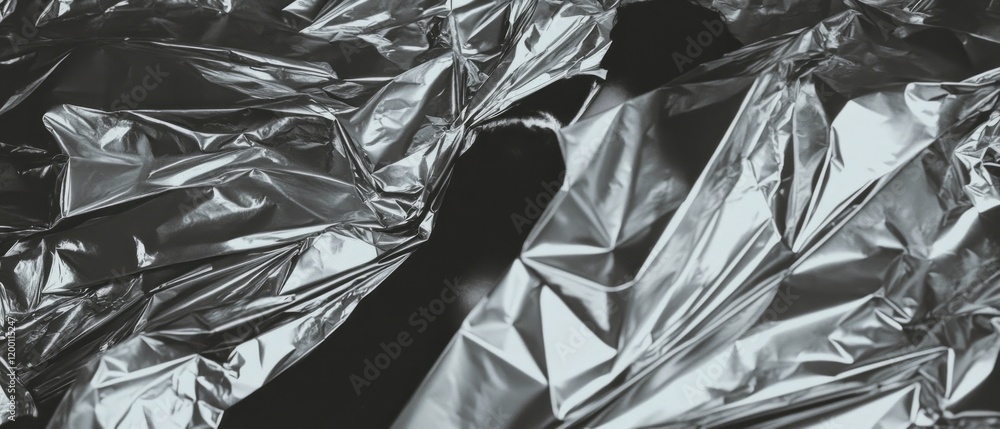 Poster crumpled silver foil displaying intricate textures and reflective qualities in an abstract compositi