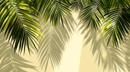 Naklejka premium Lush green palm leaves cast shadows on a beige background.
