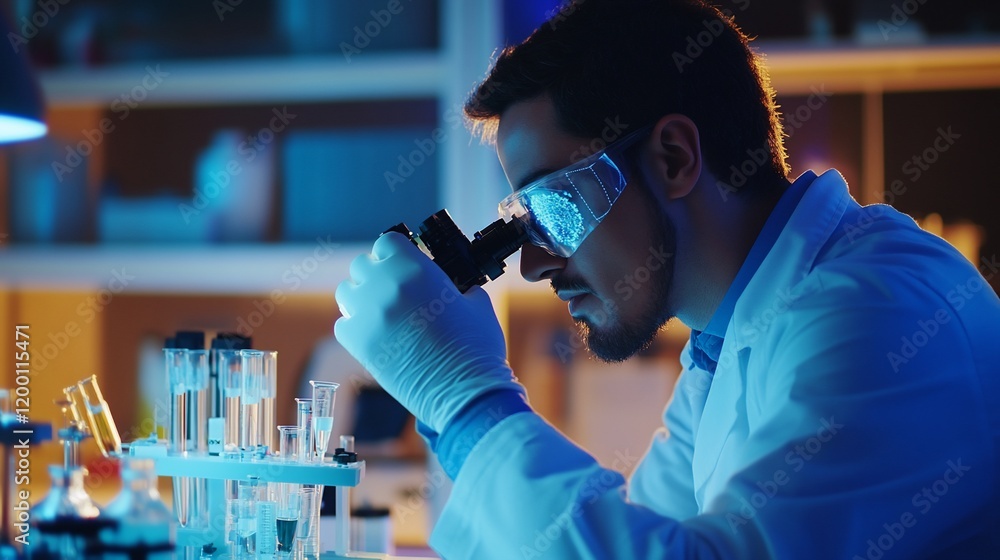 Poster scientist using microscope in lab at night, conducting research.
