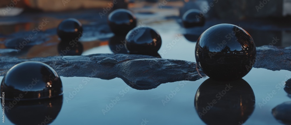 Poster rounded smooth pebbles with glossy surfaces reflecting light by a calm water body