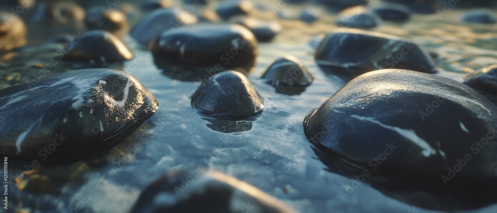 Poster smooth pebbles with rounded shapes resting in tranquil water at sunset