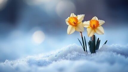 Bright yellow daffodils bloom through the snow, signifying the arrival of spring in a winter landscape