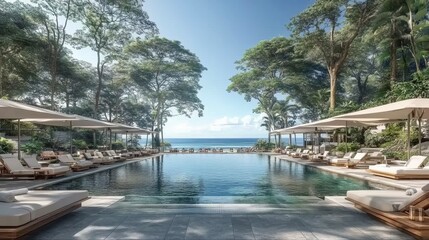 Obraz premium Luxury resort pool area with ocean view and tropical landscape during sunny daylight