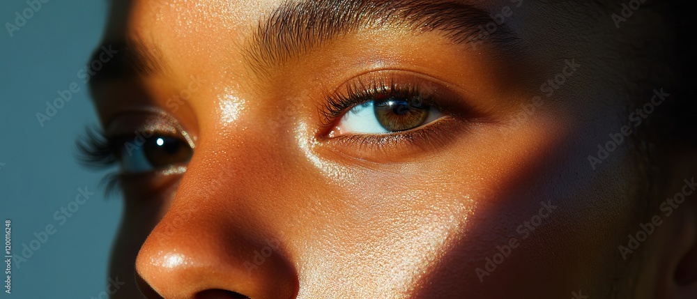 Poster smooth skin texture with soft tones and warm lighting highlighting facial features